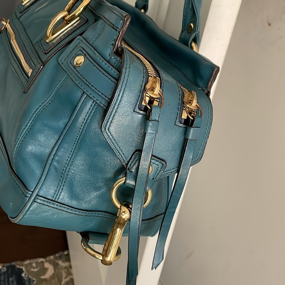 Coach Hampton Lindsay Satchel F12475 Teal Medium Size Structured Pockets Galore - Picture 7 of 16